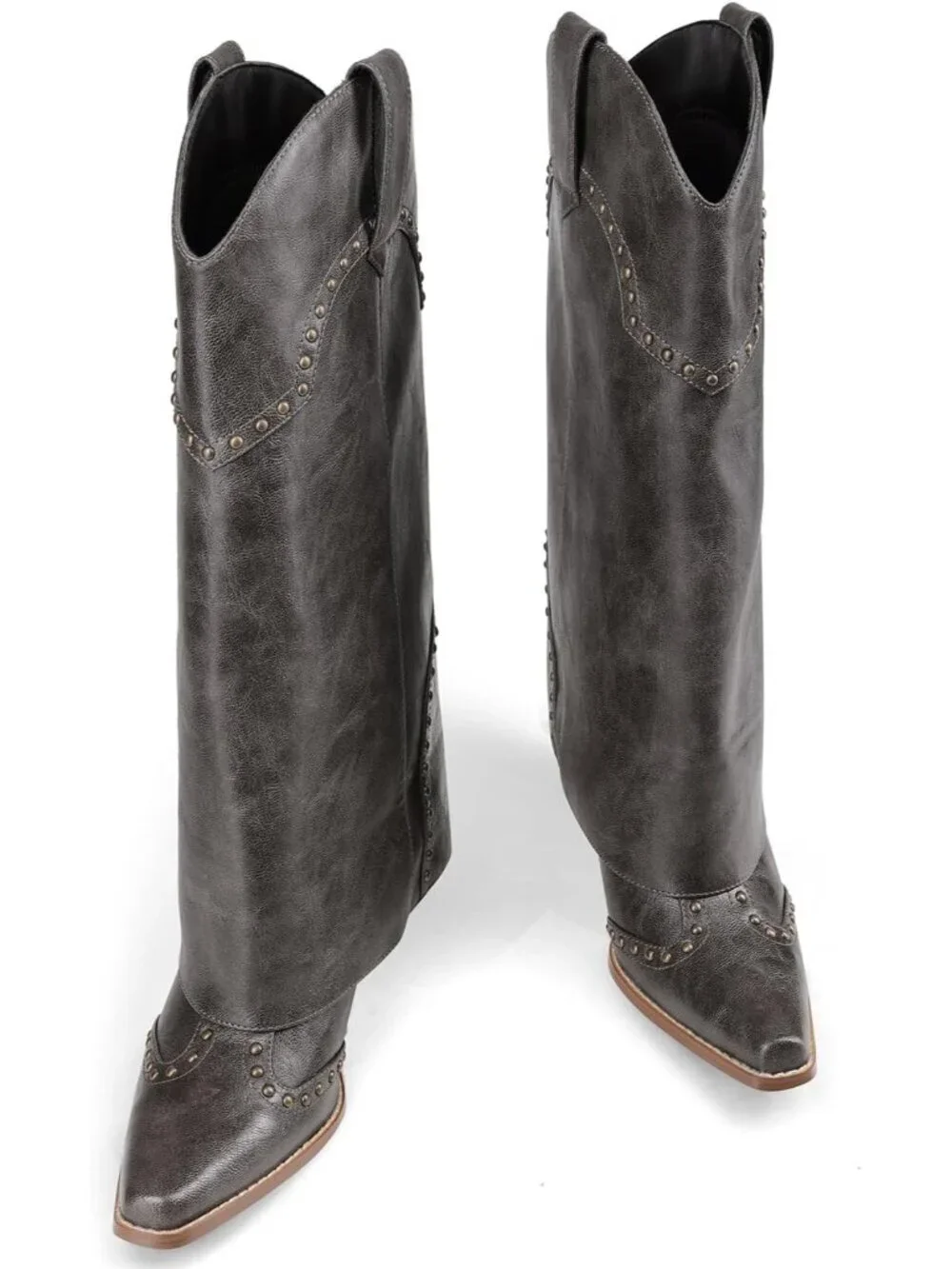 Women's Grey Shark Boots Knee High Cowboy Cowgirl Fold Over Chunky Heel
